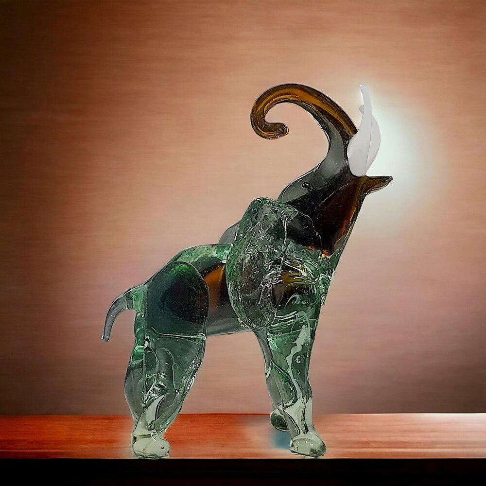 Murano Handblown Green Glass Elephant Figure W/Good Luck White Upward Tusk